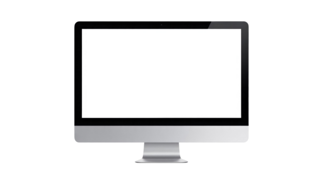 Sleek modern desktop monitor with a blank white screen and silver stand, perfect for showcasing digital content or mockups. background removed
