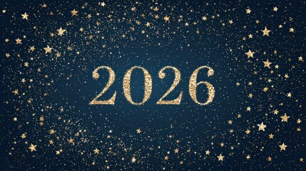 2026 New Year Celebration with Golden Glitter and Stars on Dark Blue Background.