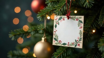 Mockup design of gift card or certificate made of craft paper with empty place for text against the Christmas tree lights background. Invitation card. Business card with copy space. New year postcard.