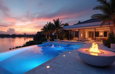 Modern luxurious villa with outdoor LED light pool and fire pit on lakefront property. Palm trees surround marble patio at sunset. Contemporary home design with outdoor seating area and water feature.