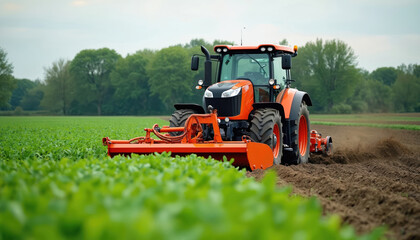 Obraz premium Orange tractor works in farmland. Modern agricultural machinery cultivates fertile land. Soil preparation with ploughing, tillage. Agriculture vehicle on field. Cultivation, agronomy, harvesting,