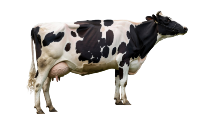 Full-body side profile of a black and white Holstein dairy cow with a prominent udder and halter, isolated on a transparent background. background removed