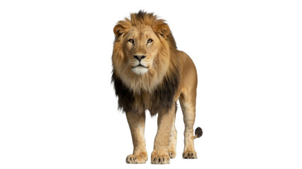 Obraz premium A majestic male lion stands proudly, facing forward with an impressive dark and golden mane, exuding power and regality. background removed