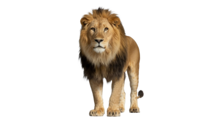 A majestic male lion stands proudly, facing forward with an impressive dark and golden mane, exuding power and regality. background removed
