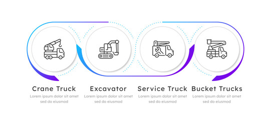 Four types of heavy machinery infographic 4 steps. Construction vehicles Utility transport. Bucket trucks, building equipment. Editable two color line icons diagram flow. Lexend font used