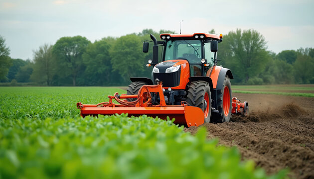 Orange tractor works in farmland. Modern agricultural machinery cultivates fertile land. Soil preparation with ploughing, tillage. Agriculture vehicle on field. Cultivation, agronomy, harvesting,