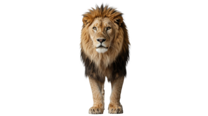 A majestic male lion with a striking golden and dark mane stands front-on, looking directly forward, isolated against a solid transparent background. background removed