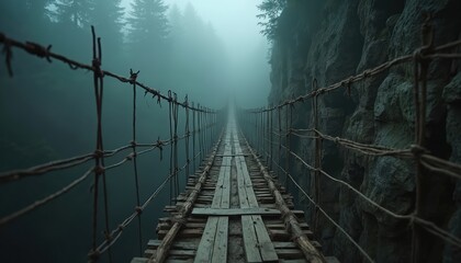Rustic wooden suspension bridge hangs over deep ravine in misty forest. Scary rope pathway crosses foggy canyon to mysterious wood. This dangerous journey leads across chasm into unknown.