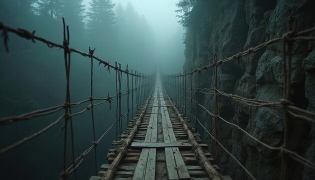 Rustic wooden suspension bridge hangs over deep ravine in misty forest. Scary rope pathway crosses foggy canyon to mysterious wood. This dangerous journey leads across chasm into unknown.