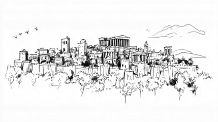Athens Skyline 2D Doodle Illustration Front View Black White Isolated Background