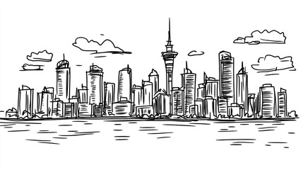 Auckland Skyline 2D Doodle Illustration Front View Black White Isolated Background