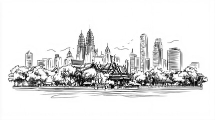 Bangkok Skyline 2D Doodle Illustration Front View Black White Isolated Background