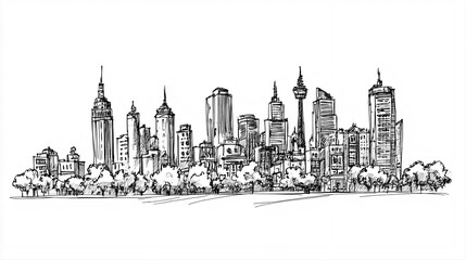 Barcelona Skyline 2D Doodle Illustration Front View Black White Isolated Background