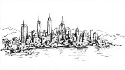 Beirut Skyline 2D Doodle Illustration Front View Black White Isolated Background