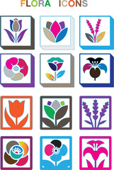 Colorful Square Floral Icons with Shadows vector illustration