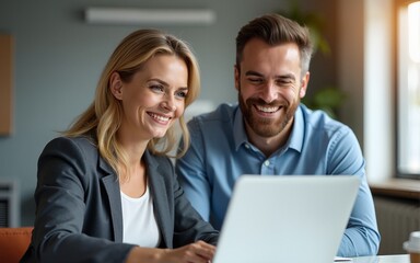 Obraz premium Two middle age business workers smiling happy and confident. Working together with smile on face using laptop at the office. High quality