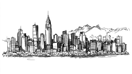 Bogot&aacute; Skyline 2D Doodle Illustration Front View Black White Isolated Background

