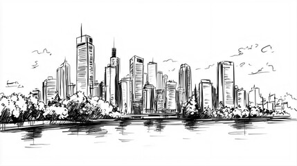 Brisbane Skyline 2D Doodle Illustration Front View Black White Isolated Background