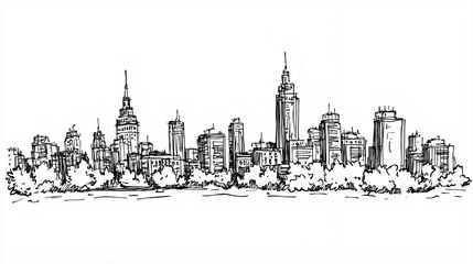 Bucharest Skyline 2D Doodle Illustration Front View Black White Isolated Background