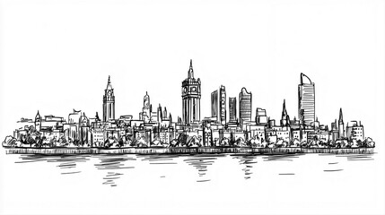 Dublin Skyline 2D Doodle Illustration Front View Black White Isolated Background
