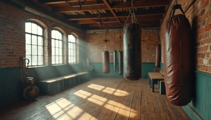 Empty vintage boxing gym features old leather punching bags from wood ceiling. Sunbeams stream through arched windows onto wood floor. Exposed brick walls, green wainscoting, sturdy benches create