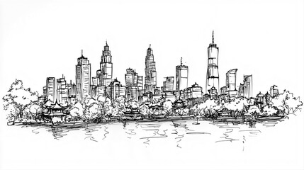 Hanoi Skyline 2D Doodle Illustration Front View Black White Isolated Background