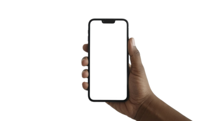 A dark-skinned hand securely holds a modern smartphone with a blank white screen, perfectly isolated for mockup presentations and design showcases. background removed