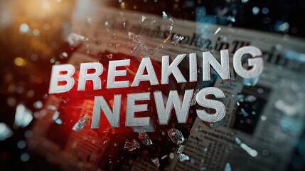 "BREAKING NEWS" 3D text with silver texture shatters glass and printed newspaper underneath, creating dynamic effect of news explosion, urgency and global catastrophe on dark background