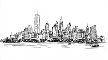 Obraz premium Havana Skyline 2D Doodle Illustration Front View Black White Isolated Background