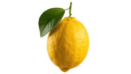 A vibrant yellow lemon, complete with a fresh green leaf and stem, set against a solid dark transparent background. background removed