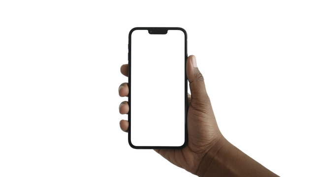 A dark-skinned hand securely holds a modern smartphone with a blank white screen, perfectly isolated for mockup presentations and design showcases. background removed