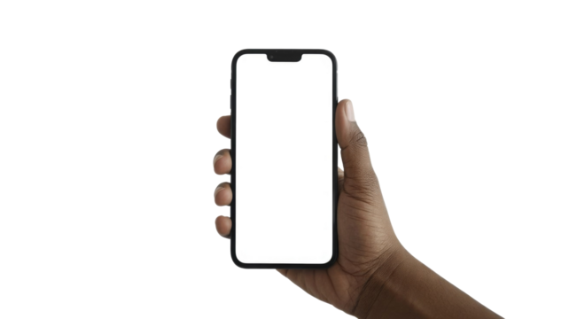 A dark-skinned hand securely holds a modern smartphone with a blank white screen, perfectly isolated for mockup presentations and design showcases. background removed