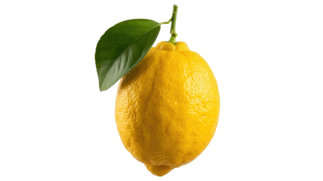 A vibrant yellow lemon, complete with a fresh green leaf and stem, set against a solid dark transparent background. background removed