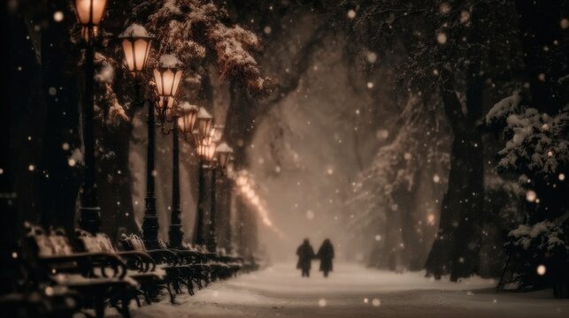 Romantic winter alley in city park during heavy snowfall, snowy benches and trees illuminated by warm, mysterious light of old lanterns, couple walking in center - Powered by Adobe
