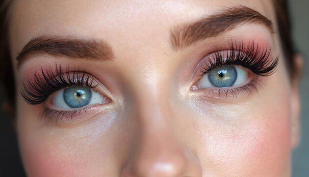 Close up of bright blue eyes with long dark lashes. Woman has thick eyebrows and subtle pink makeup. Skin looks smooth and healthy, showing cosmetic results.