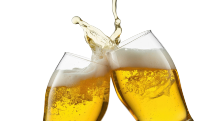 Two glasses of golden beer clinking in a celebratory toast, creating a dynamic splash of liquid and foam. Perfect for celebrations. background removed