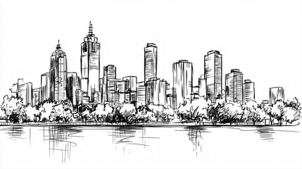 Fototapeta premium Melbourne Skyline 2D Doodle Illustration Front View Black White Isolated Background