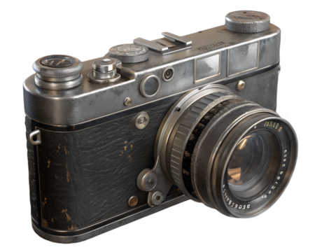 “Classic vintage camera with detailed textures, transparent background”