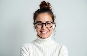 Fototapeta premium Young woman wears glasses and wireless earphones. She smiles confidently for a studio portrait. Her hair is in a bun. She wears a white turtleneck sweater against a neutral background.