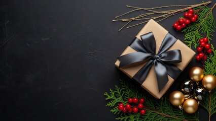 Wrapped gift with black ribbon and christmas decorations on dark textured surface top view
