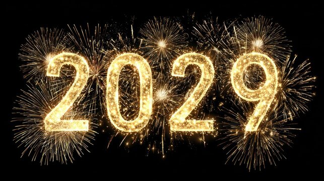2029 New Year Celebration with Golden Fireworks Display.