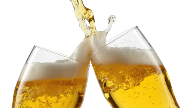 Two glasses of golden beer clinking together in a celebratory toast, with foamy head and lively splashes against a transparent background. background removed