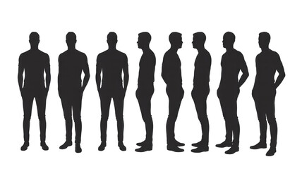 Black male human body silhouettes standing in different frontal, side, and three-quarter views, useful for anatomical reference or graphic design. background removed