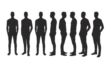 Black male human body silhouettes standing in different frontal, side, and three-quarter views, useful for anatomical reference or graphic design. background removed