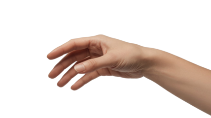 A fair-skinned hand reaching out with slightly curled fingers, as if holding or offering something, isolated on a transparent background. background removed