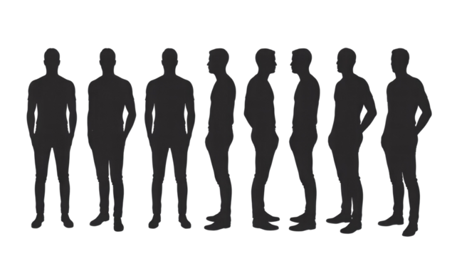Black male human body silhouettes standing in different frontal, side, and three-quarter views, useful for anatomical reference or graphic design. background removed - Powered by Adobe