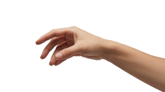 A human hand with fingers slightly bent and open, appearing to reach, hold, or gesture. Isolated on a clean background. background removed - Powered by Adobe