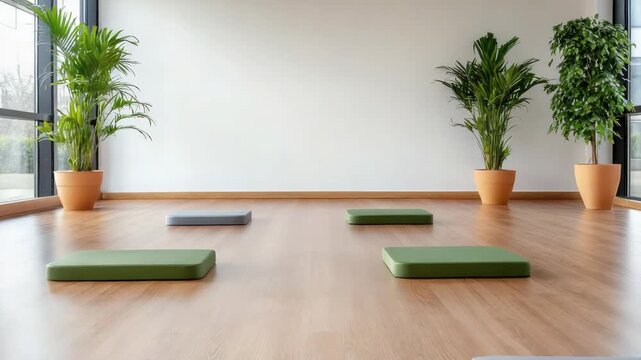 Minimalist meditation cushion setup with indoor plant accents on wooden floor zen ambiance