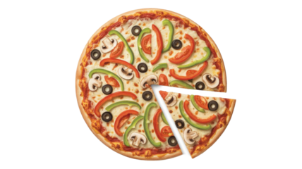 Vibrant, freshly baked pizza with mushrooms, olives, and colorful bell peppers. A slice is perfectly cut, ready for serving. background removed