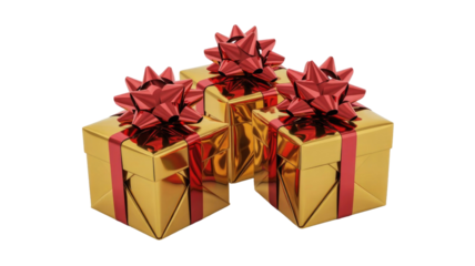 Three luxurious golden gift boxes with vibrant red ribbons and bows, perfect for celebrations, holidays, or special occasions. background removed